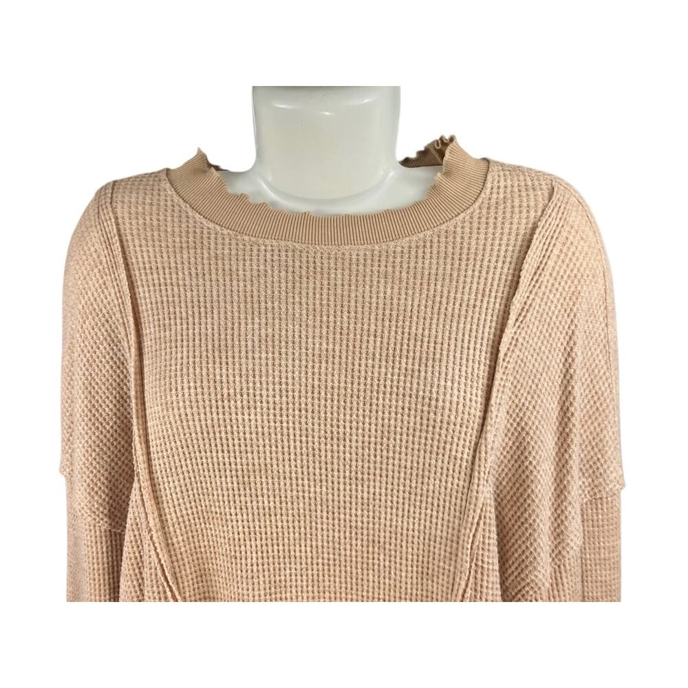 Umgee Women's Light Beige Waffle Knit Long Sleeve Ruffle Neck Pullover Sweater S - Picture 3 of 7